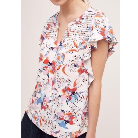 Anthropologie Tops - Anthropologie Meadow Rue Floral Print Ridge Yoke Flutter Sleeve Blouse